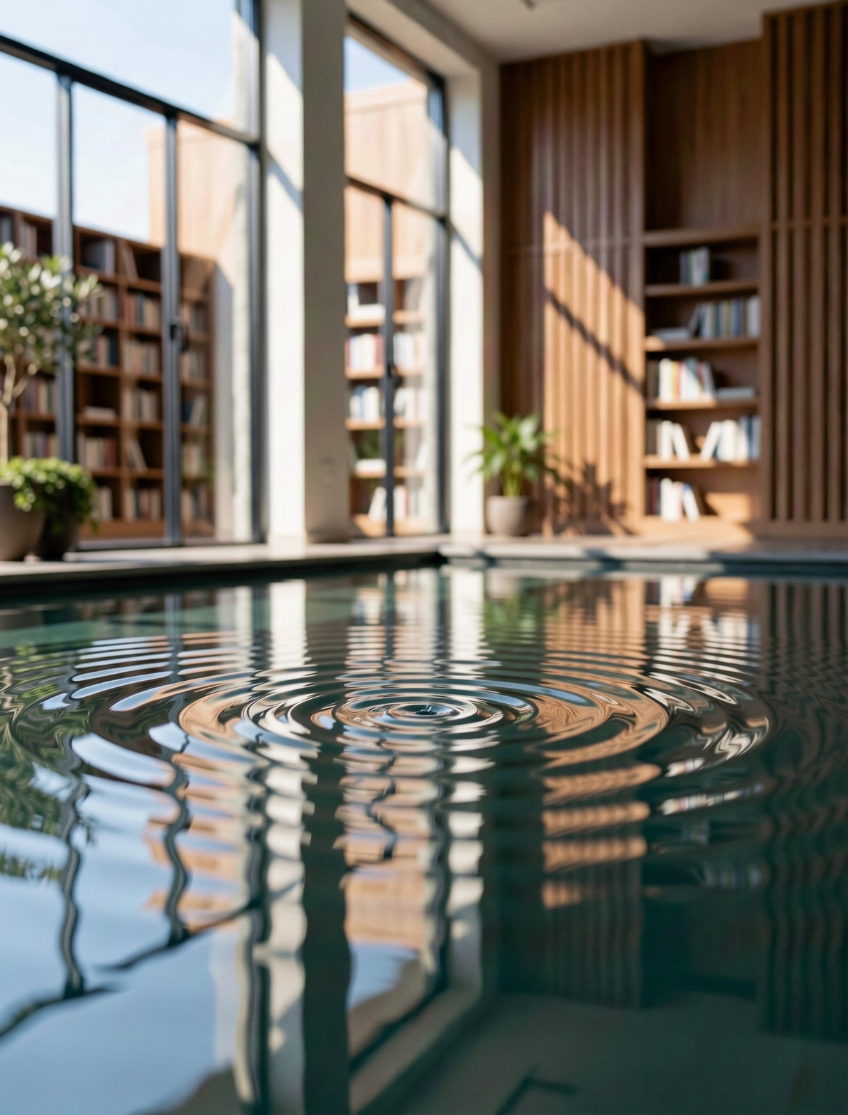 Onde sonore riflesse nell'acqua in un ambiente architettonico calmo