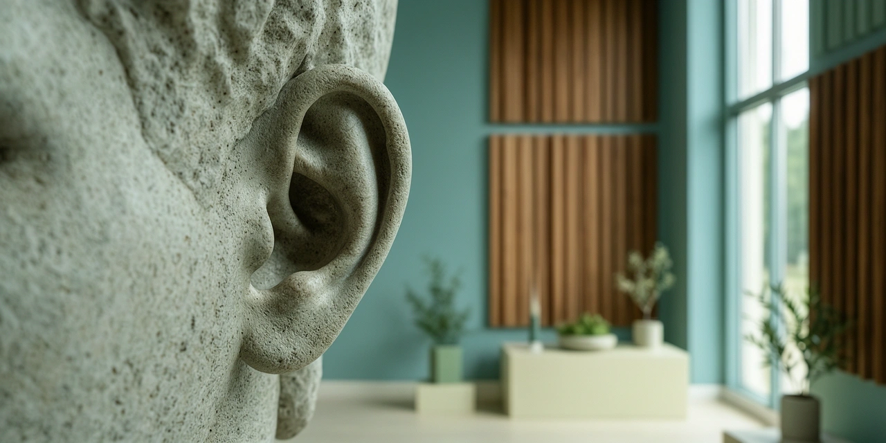 Dettaglio artistico di una scultura che esprime ascolto